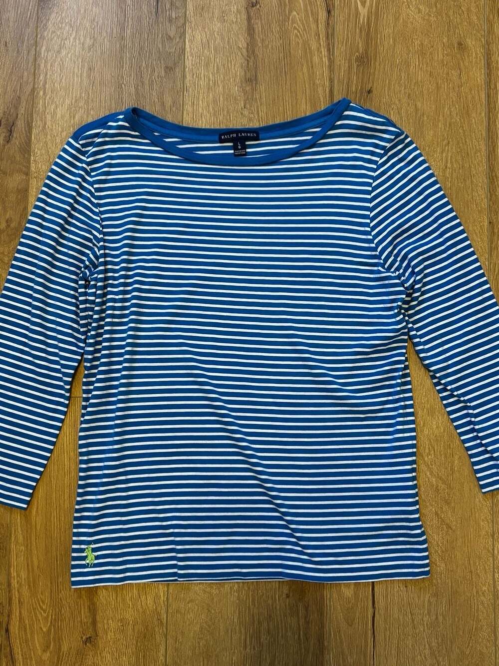 Ralph Lauren Pima Cotton Stripe Boatneck Top Size L Blue White
